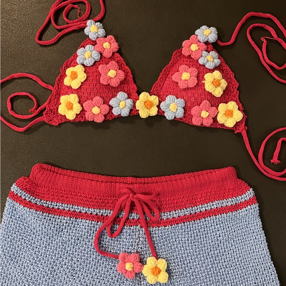 Floral Crochet Bikini Set - Red and Blue